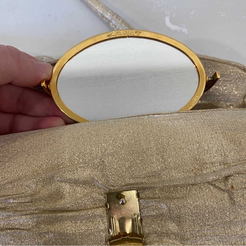 VINTAGE 1960s Lou Taylor gold ruched mini small cocktail bag w/ built in MIRROR - Picture 15 of 15